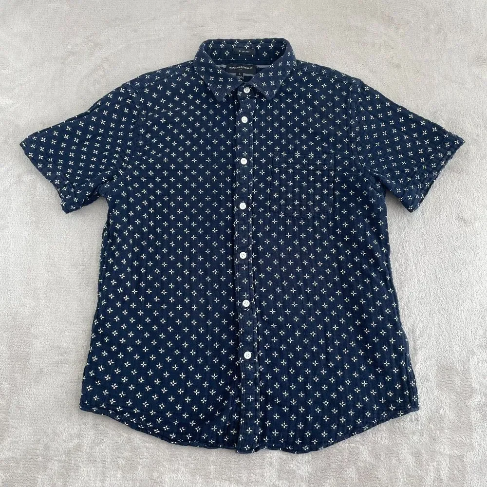 Banana Republic Shirt Men Large Navy Blue Geometric‎ Double Layer Slim Fit